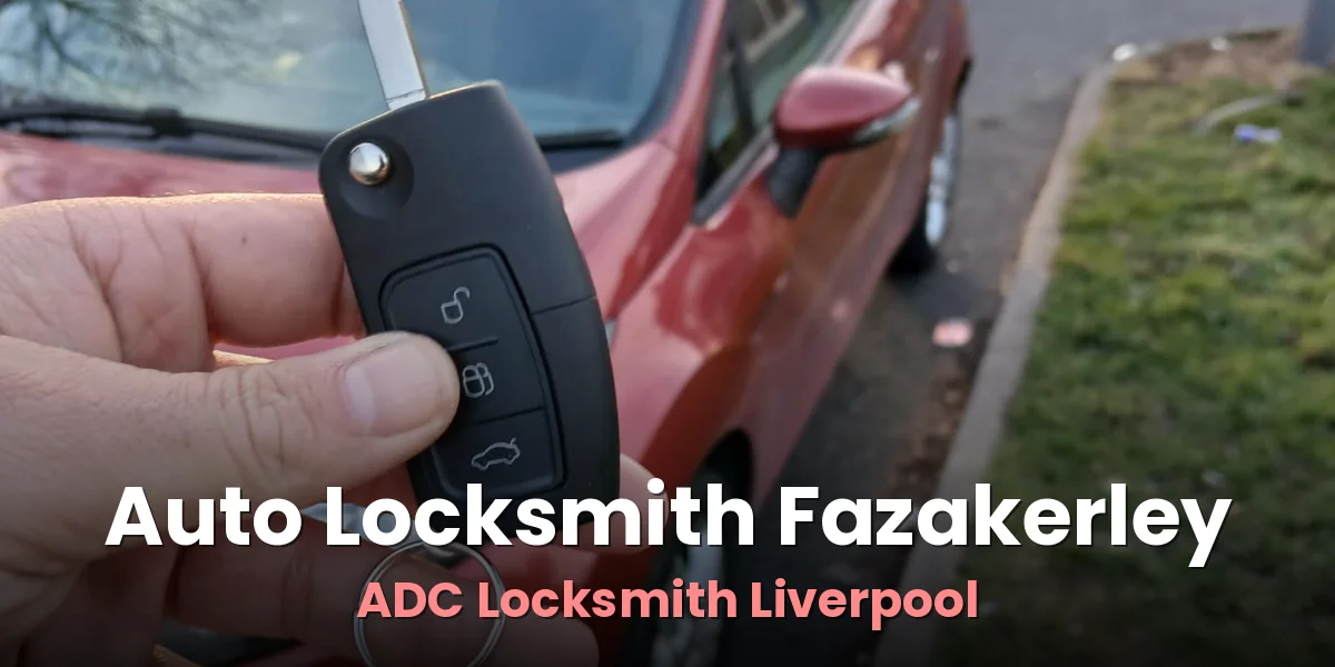 Replacement car key and remote shown beside a red hatchback after an ADC Locksmith job