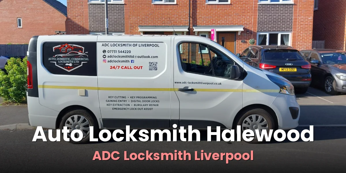 ADC Locksmith van parked beside brick houses on a residential road