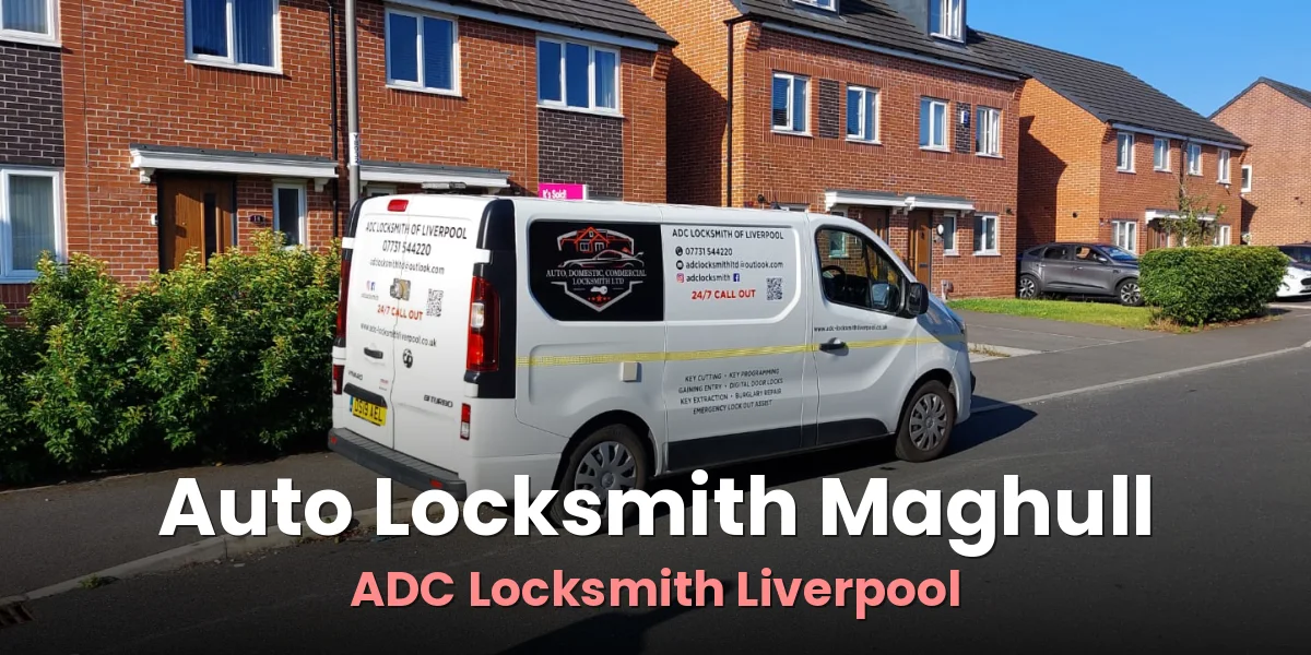 ADC Locksmith van parked outside homes on a residential road