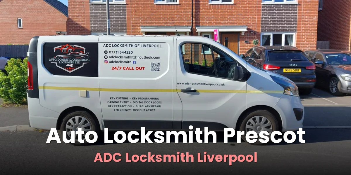 ADC Locksmith van parked at the kerb beside brick houses