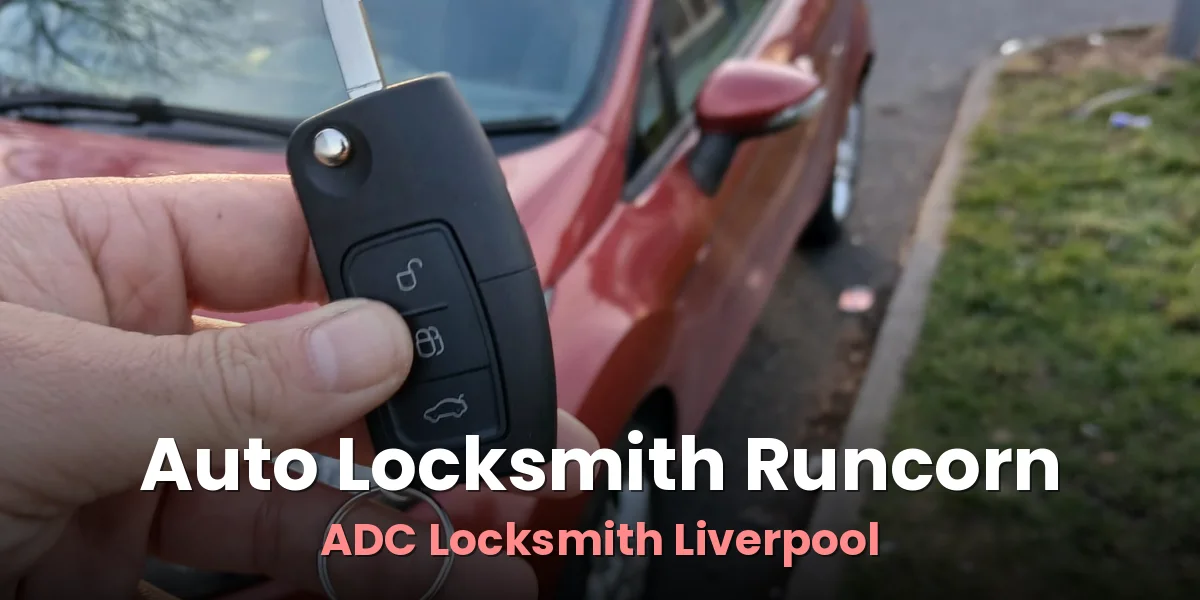 Replacement key and remote held beside a red hatchback