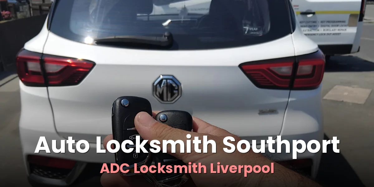 Replacement MG key held up beside the car