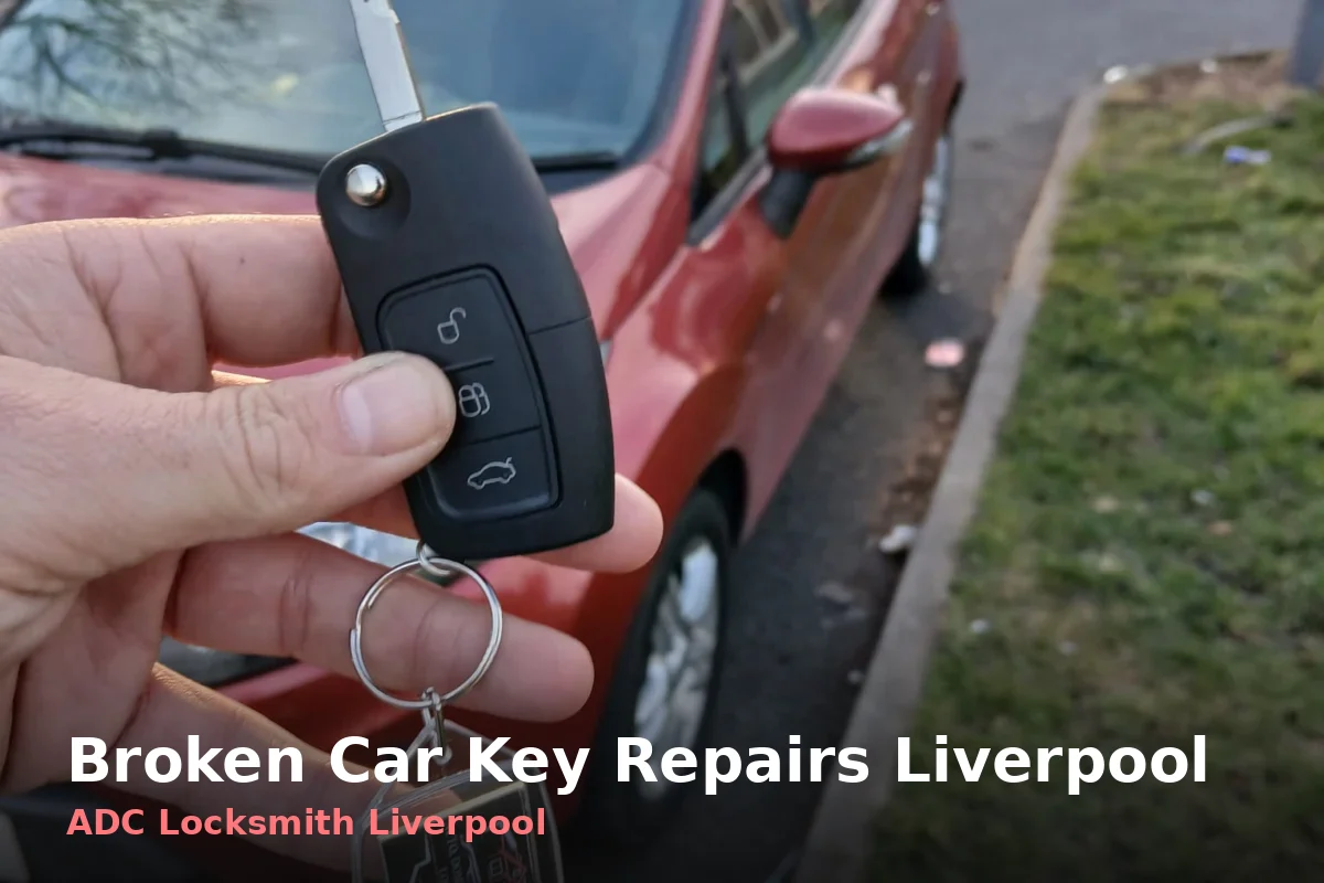 Replacement key and remote held beside a red hatchback
