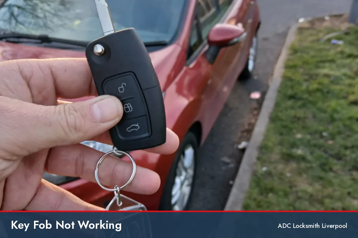 key fob not working, remote key held beside a red hatchback