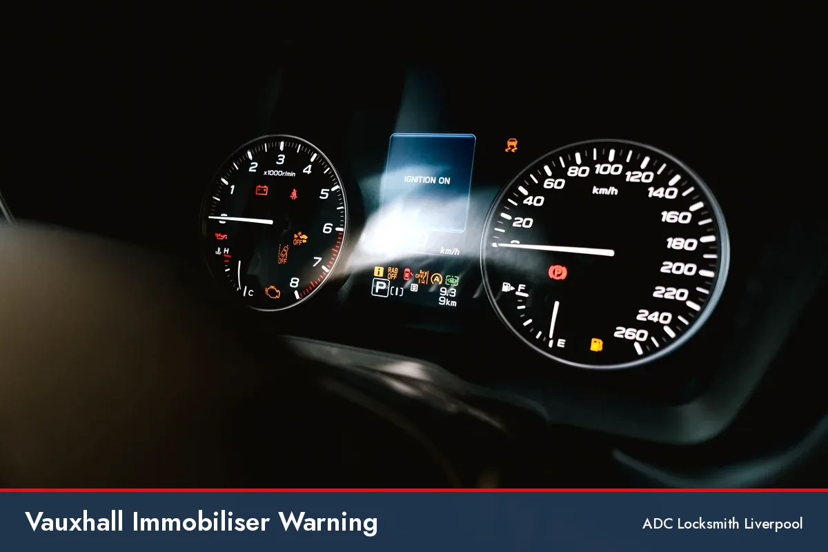Vauxhall immobiliser warning, car dashboard with the warning lights lit at ignition on