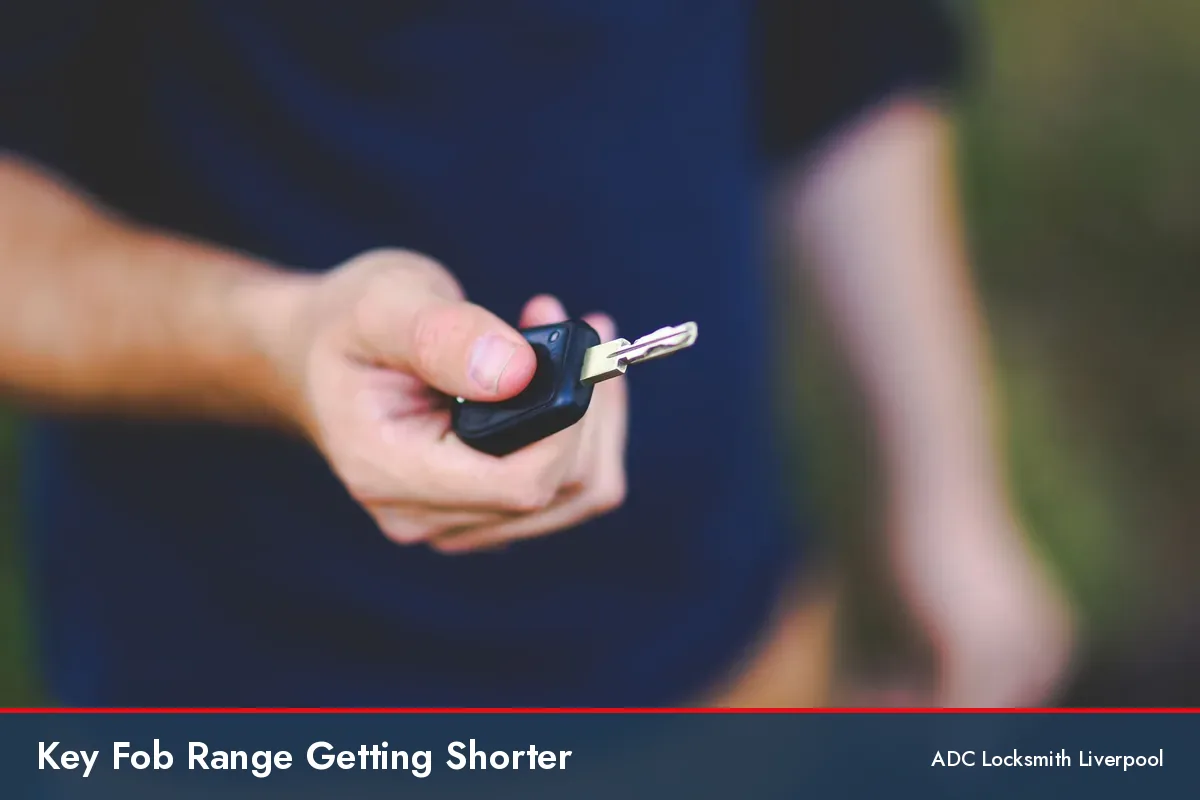 key fob range getting shorter, driver holding out a key fob outdoors