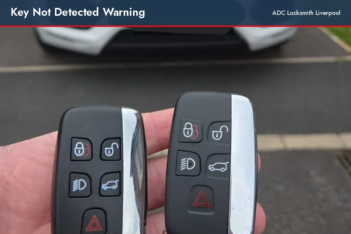 key not detected warning, two smart keys held in front of a white car