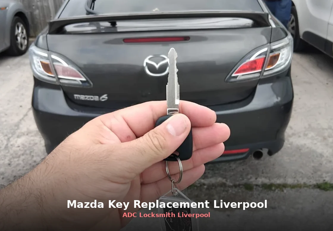 Replacement Mazda key held beside the car